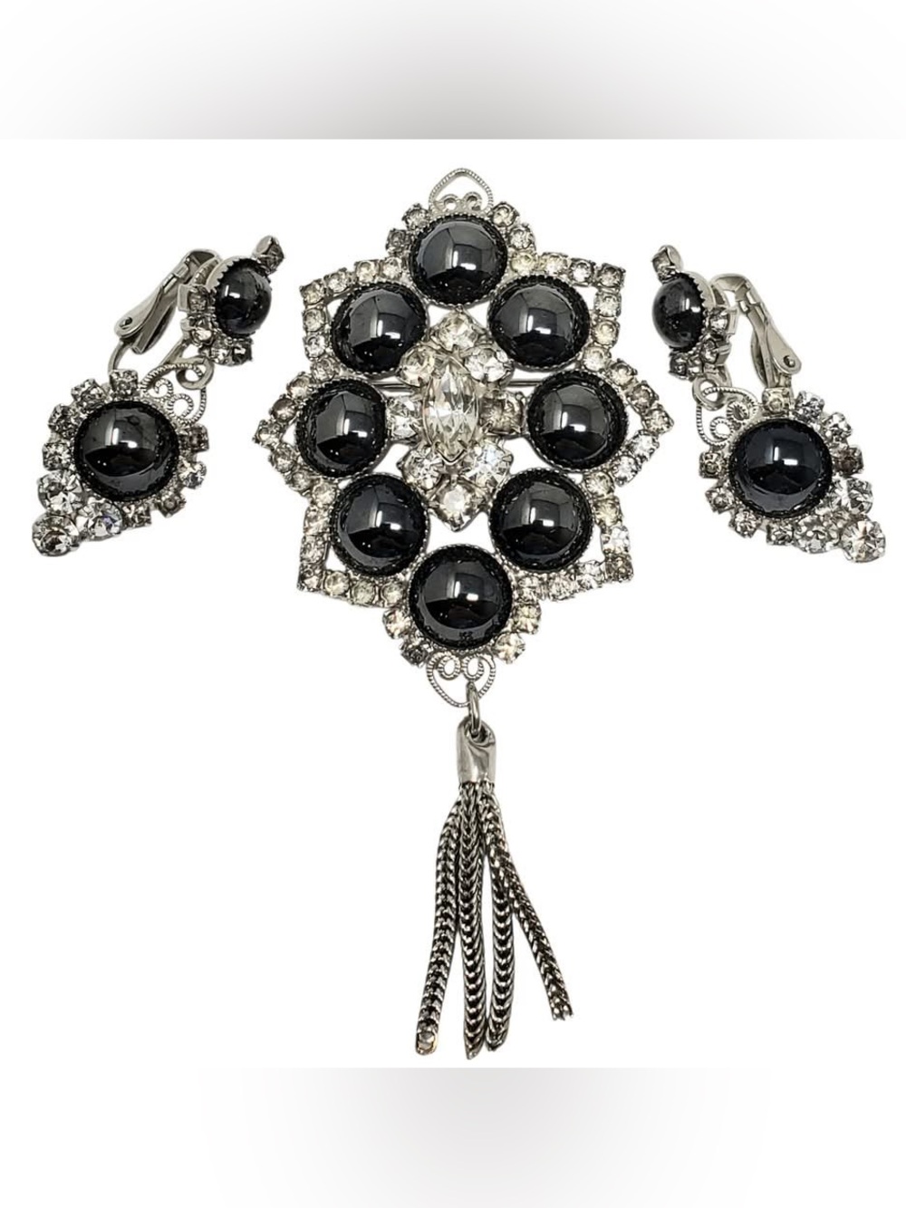 Vintage Hematite & Clear Rhinestone Brooch Earring Set Tassel Glamour